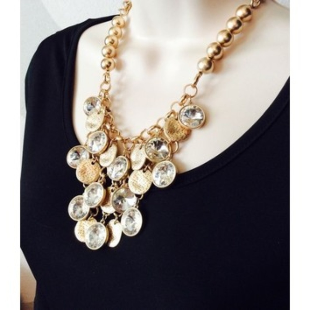 Premier Designs Gold Statement Necklace with Clear Crystal Drops
